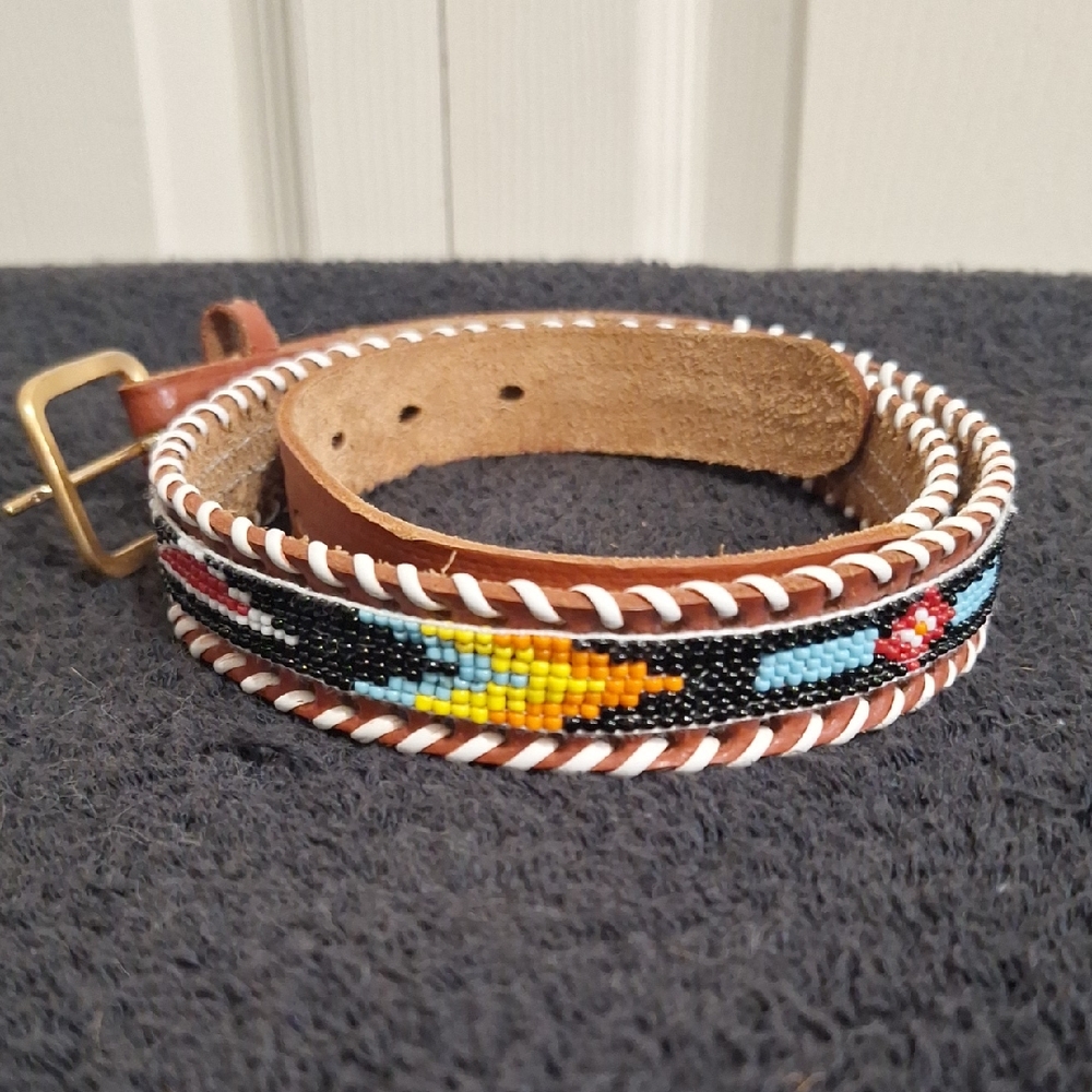 Made In Mexico Colorful Beaded Stamped Genuine Cowhide Belt-34-Brown Multi